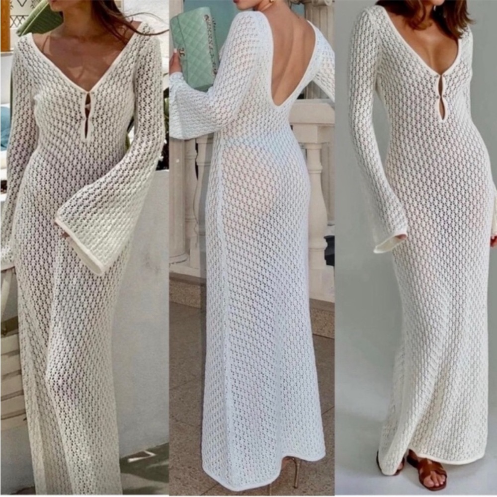 Crochet knit Fishtail Flare Sleeve Maxi Dress swimsuit cover up dress 💕